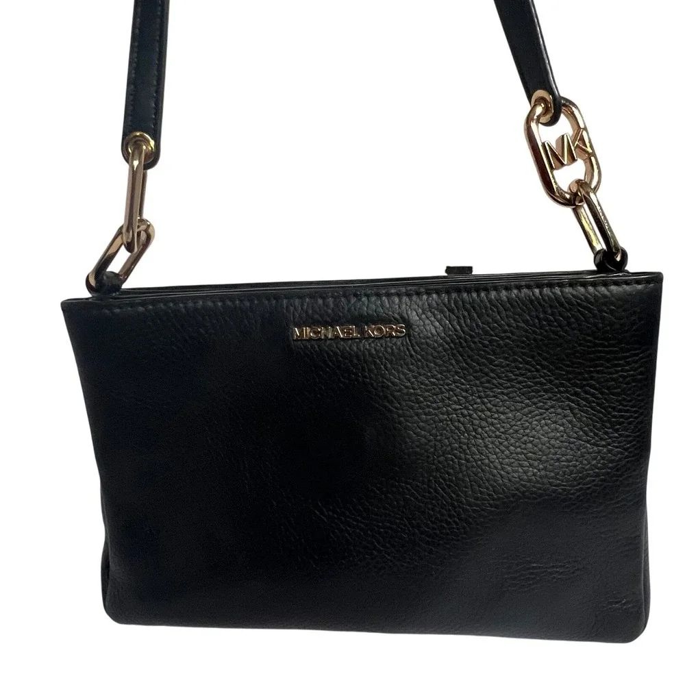 Michael Kors Trisha Crossbody Women Medium Black Pebbled Leather Gold Hardware